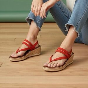 Sam Edelman Sandals Wedge Thong Platform Cork Leather Red/ Orange Size 7.5